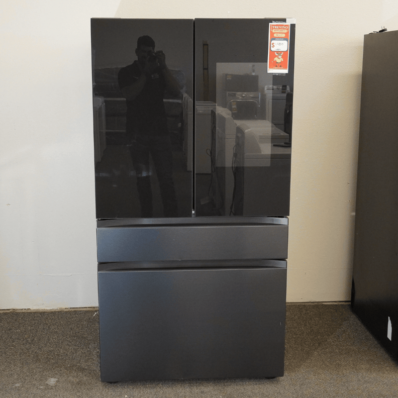 Bespoke 4-Door French Door Refrigerator (23 cu. ft.) – with Top Left and Family Hub™ Panel in Charcoal Glass - and Matte Black Steel Middle and Bottom Panels